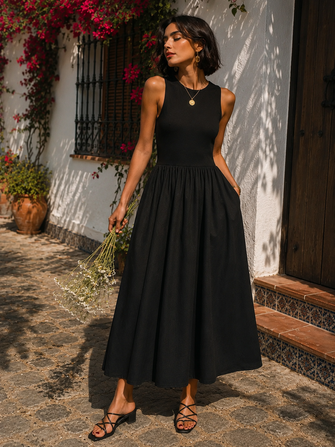 Vestido Largo de Cuello Redondo