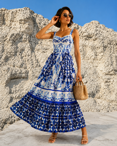 Vestido Largo Estampado Con Tirantes