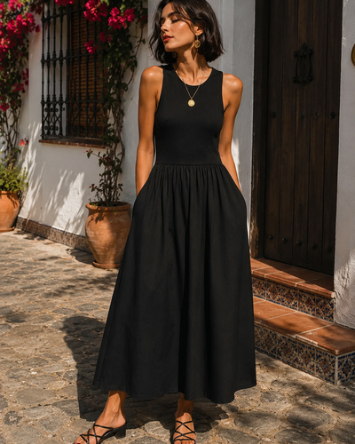 Vestido Largo de Cuello Redondo